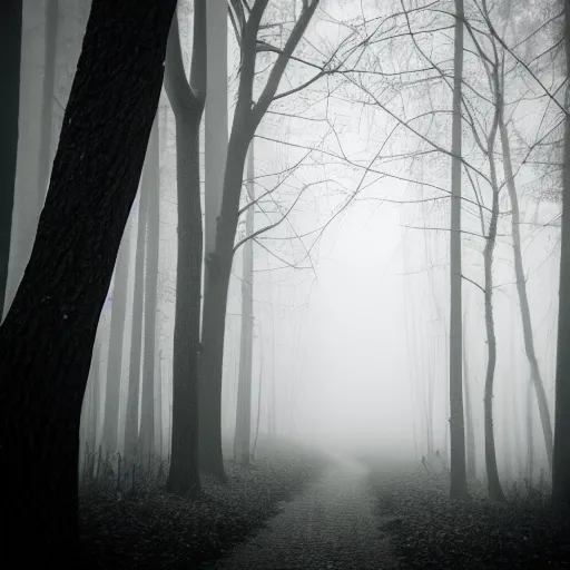 Prompt: deep misty forest with black hairy demon behind the tree, monochrome lomography