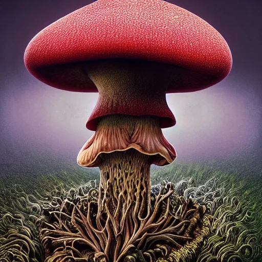 Image similar to mushroom man, fungus, freak show, surrealism, fractalism, strange, hyperdetailed, photorealistic, interesting, benoit b. mandelbrot, m. c. escher, patrick woodroffe, ernst fuchs, zdzisław beksinski, id magazine, octane, cinematic, hyperrealism, 8 k, depth of field, bokeh