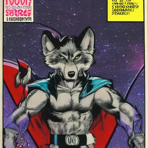 Image similar to 1 9 8 0 s comic book cover scan featuring a portrait of villain male wolf o'donnell anthropomorphic wolf furry fursona from starfox wearing a dark space mercenary uniform, dark grey wolf, handsome eyes, wolf o'donnell