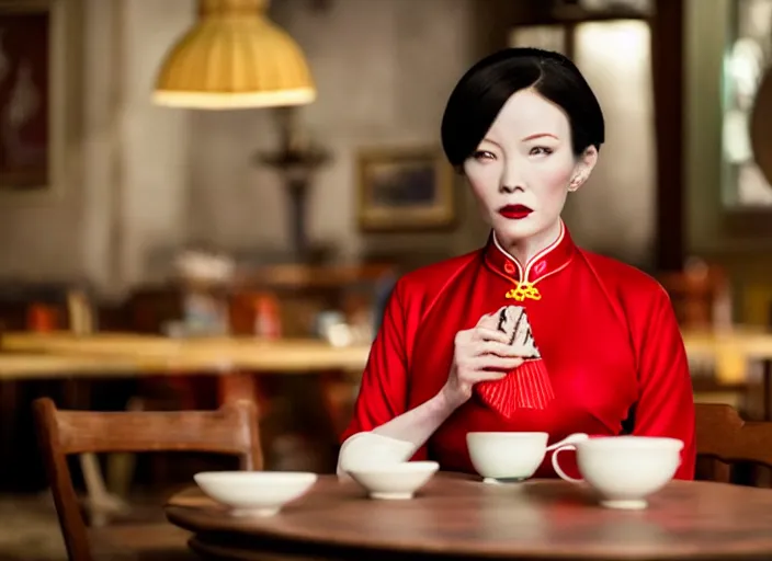 Prompt: movie still of a woman made out of porcelain sitting at a table in a cafe, wearing a red cheongsam, smooth white skin, creepy, directed by Guillermo Del Toro