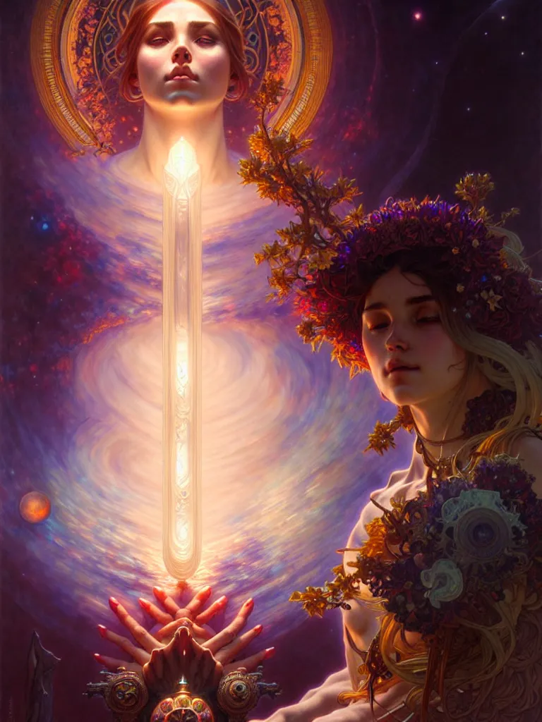 Image similar to ultra realistic, altar of cosmic goddess, intricate details, eerie, awakening, artstation, atmospheric, highly detailed, photorealistic, hyperrealism, 8k, art by artgerm and greg rutkowski and alphonse mucha