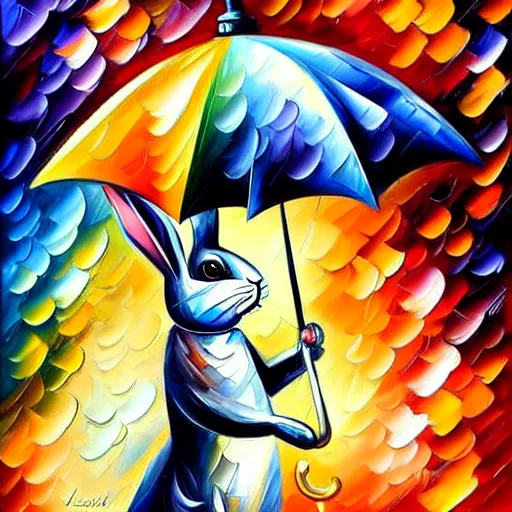 Image similar to rabbit with an umbrella in the rain looks at the pocket watch, by leonid afremov