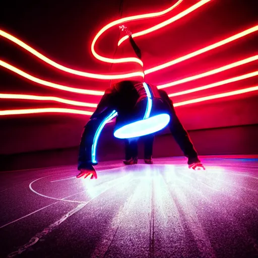 Prompt: break dancer of neon lights, long exposure shot, tron, cinematic view from lower angle, design, adobe