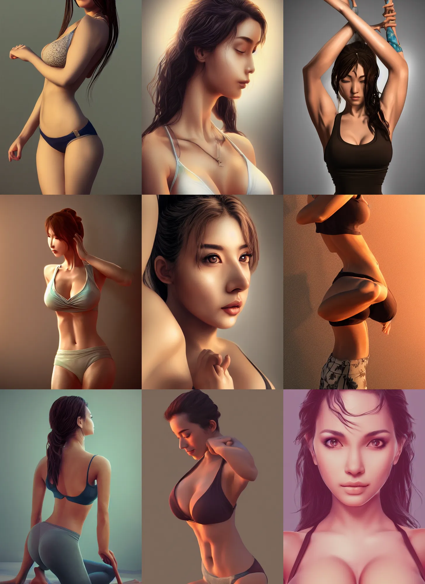 Prompt: very detailed photo of alluring yoga instructor, beautiful, pretty face, curvaceous, 4 k, cinematic lighting, highly detailed, sharp focus, artstation, masterpiece, art by hyungjin yang