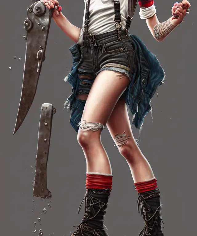 Image similar to full body pose, grungy ciri, torn overalls, short shorts, combat boots, fishnets, beautiful, highly detailed face, true anatomy!, extremely detailed!, digital painting, unreal engine 5, art by tom bagshaw