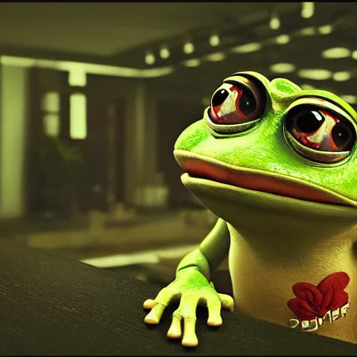 Image similar to pepe the frog as a programmer, hypermaximalistic, high details, cinematic, 8k resolution, beautiful detailed, insanely intricate details, artstation trending, octane render, unreal engine,
