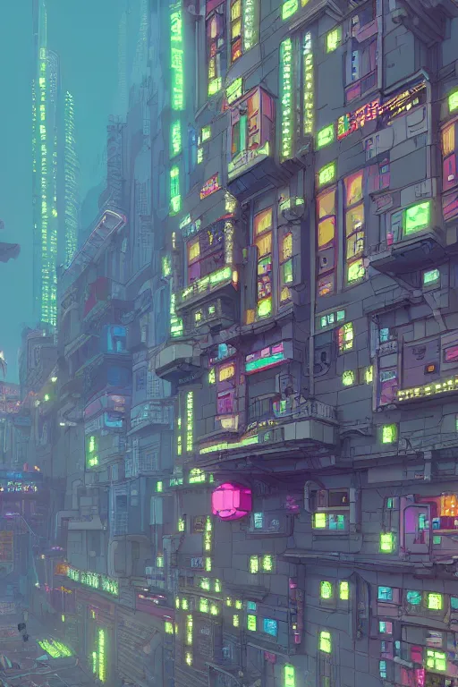Prompt: A beautiful painting of the most emblematic facade of a cyberpunk gotic, pixelart by Studio Ghibli and Moebius, octane render, zbrush, extremely detailed, pastel colors, trending on artstation