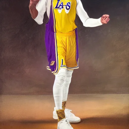 Image similar to official portrait of the los angeles lakers dictator, 1 7 8 0, in full lakers military garb. oil on canvas by william sidney mount, oil on canvas, octane render