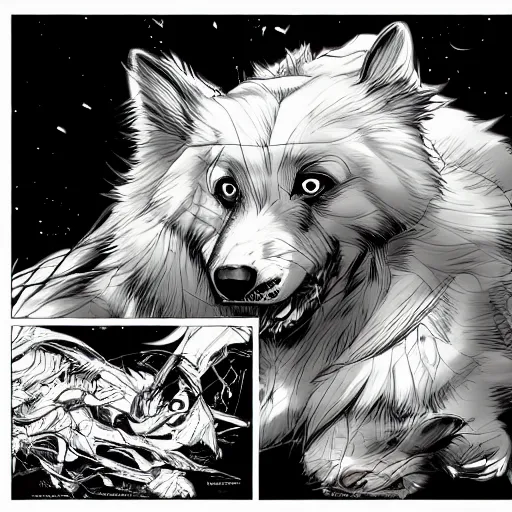 Image similar to rough collie in the style of a manga concept art by josan gonzalez, james jean, Mike Mignola, Laurie Greasley, highly detailed, sharp focus, alien, Artstation, deviantart, artgem