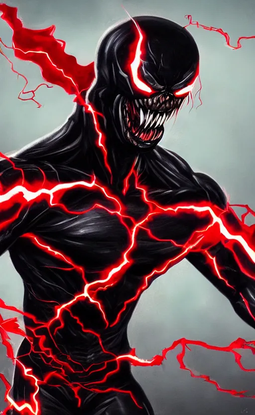 Image similar to full body portrait of venom as the flash, black and red, dynamic lighting, cinematic, ultra detailed, trending on art station, stunning visuals, creative, fantasy concept art