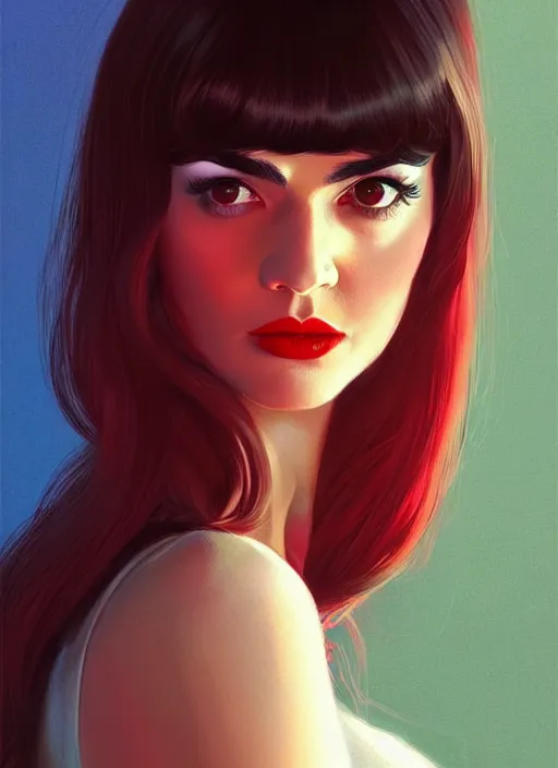 Image similar to portrait of veronica lodge with bangs, 1 9 6 0 s, long hair, red clothes, bangs, intricate, elegant, glowing lights, highly detailed, digital painting, artstation, concept art, smooth, sharp focus, illustration, art by wlop, mars ravelo and greg rutkowski