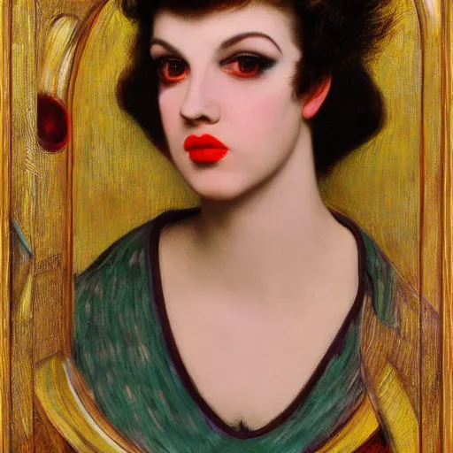 Image similar to portrait of a hybrid of judy garland and lady gaga, marfan syndrome, brown fringe, full lips, large downward slanting eyes, holman hunt, john william waterhouse, kilian eng, rosetti, john everett millais, william holman hunt, 4 k