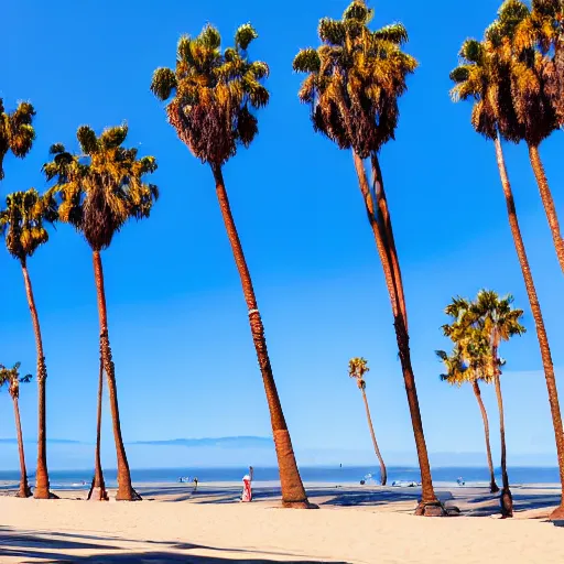 Image similar to a line of palm trees on a santa monica beach, line of palm trees recedes into distance, line of palm trees floats upright into blue sky, california