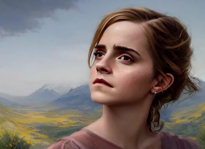 Prompt: emma watson the real god, watching the earth. epic cinematic hyperrealism masterpiece. realistic poster with shaded lighting by craig mallismo, artgerm, jeremy lipkin and michael garmash, unreal engine, radiant light, detailed and complex environment, octane photoreal 3 d render, art station trends