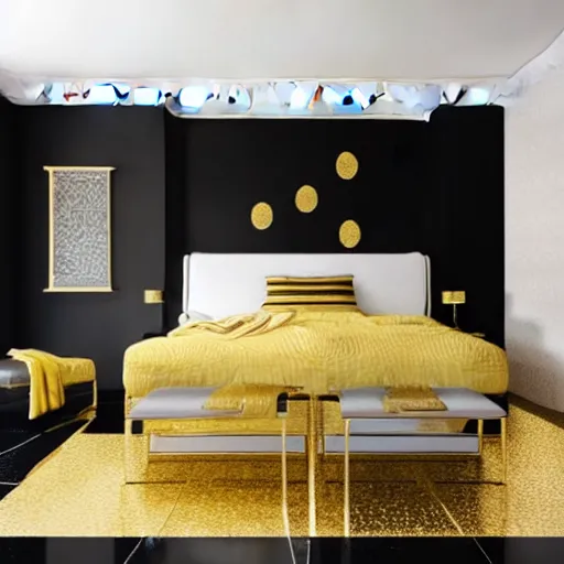 Prompt: a gold themed bedroom with black tile floor