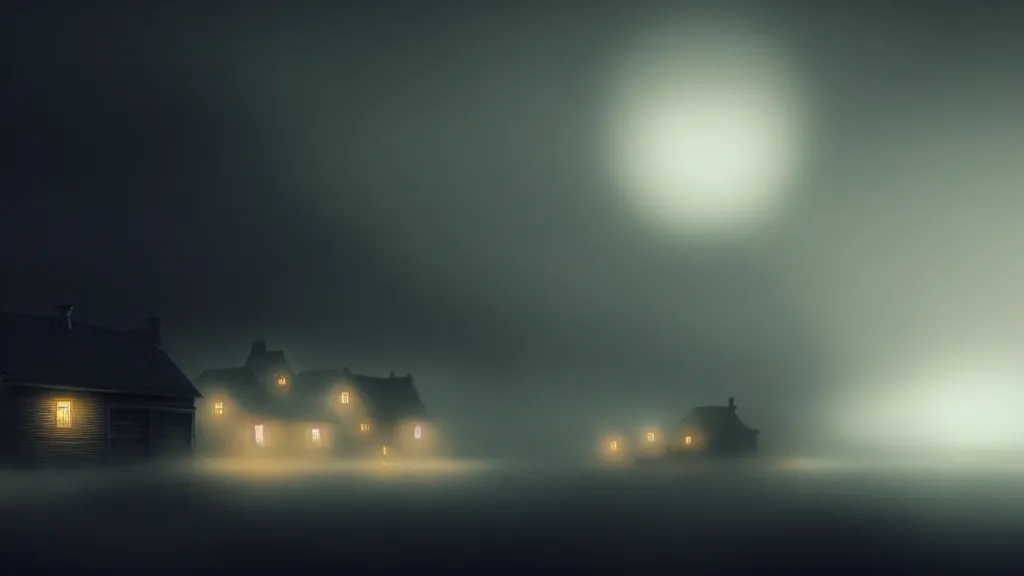 Image similar to thin luminous threads stretch from a black sphere that is in the sky above a small village with wooden houses in the fog, fog, volumetric lighting, mystique, atmospheric, sharp focus, ultra detailed, ross tran, thierry doizon, kai carpenter, ignacio fernandez rios, noir art house, 4 k, 3 5 mm