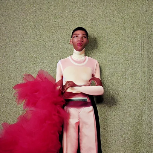 Image similar to realistic photoshooting for a new balenciaga lookbook, color film photography, portrait of a beautiful woman, by photo in style of Tyler Mitchell, wes anderson, Julia Hetta, Tim Walker, Petra Collins, 35mm,