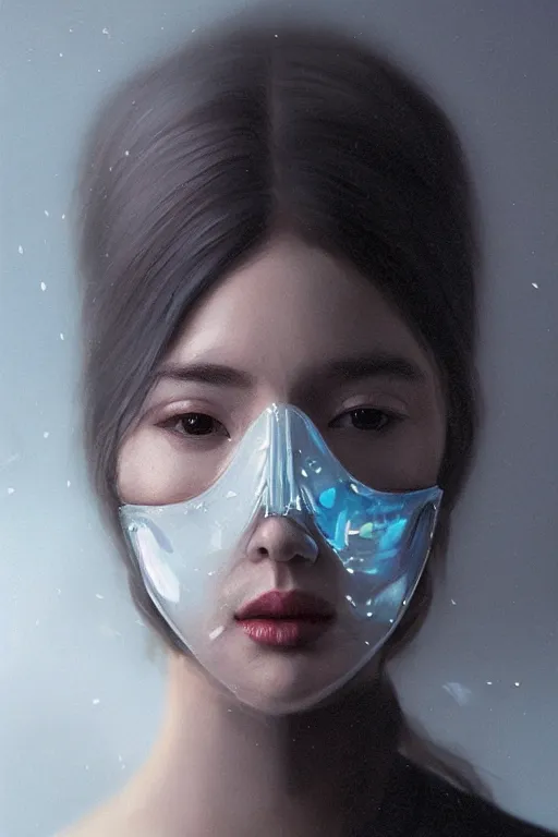 Image similar to A fancy portrait of a women wearing a lower face crystal mask by Greg Rutkowski, beeple, Sung Choi, Mitchell Mohrhauser, Maciej Kuciara, Johnson Ting, Maxim Verehin, Peter Konig, final fantasy, macro lens, 35mm, 8k photorealistic, cinematic lighting, HD, high details, dramatic, dark atmosphere, trending on artstation