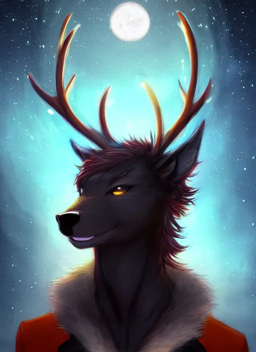 Image similar to award winning beautiful portrait commission of a male furry anthro Black Reindeer fursona with a tail, wings and a cute beautiful attractive detailed furry face wearing stylish black and orange galaxy clothes in a outerspace city at night while it rains. Character design by charlie bowater, ross tran, artgerm, and makoto shinkai, detailed, inked, western comic book art