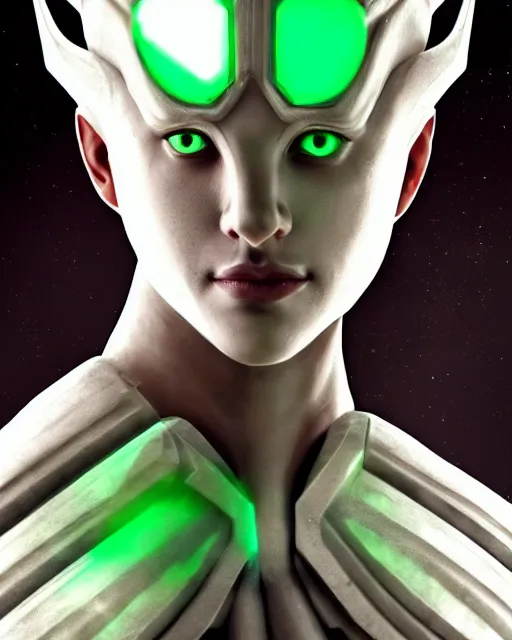 Image similar to perfect white haired egyptian male god, warframe armor, beautiful, symmetric, dreamy, half african,, green eyes, charlize theron, detailed, scifi platform, laboratory, experiment, 4 k, ultra realistic, epic lighting, android body, illuminated, cinematic, masterpiece, art by akihito tsukushi, voidstar