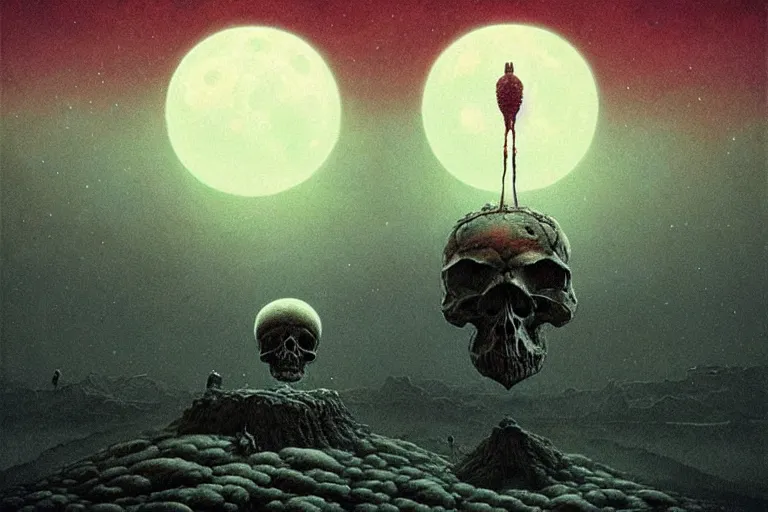 Image similar to a surreal and awe - inspiring science fiction landscape, skull moon in the sky looks like a skull, intricate, elegant, highly detailed colored sketch by beksinski and simon stalenhag