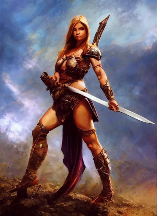 Image similar to hyper realistic warrior girl with sword in her hand, full body, rule of thirds, human proportion, good anatomy, beautiful face, conceptart, saturated colors, cinematic, vallejo, frazetta, royo, rowena morrill, cinematic