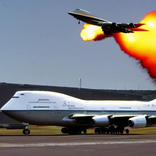 Prompt: boeing 7 4 7, weaponized, air to air missiles, minigun, military livery, combat ready