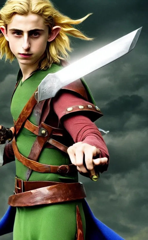 Image similar to super super super epic cinematic shot of Timothee Chalamet starring as Link from Legend of Zelda, 8k movie scene, elf ears, long blonde blonde hair, green clothes, blue eyes, ++++++ super super super dynamic action posing, super serious facial expression, holding a sword & shield, ocarina of time movie, concept photos, dynamic lighting, dynamic shaders, night time, in the forest, fairy light above him, amazing quality, magical forest