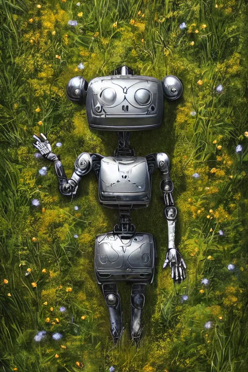 Image similar to a fancy portrait of a broken robot laying in the meadow covered in plants by greg rutkowski, sung choi, mitchell mohrhauser, maciej kuciara, johnson ting, maxim verehin, peter konig, bloodborne, 8 k photorealistic, cinematic lighting, hd, high details, dramatic, dark atmosphere, trending on artstation