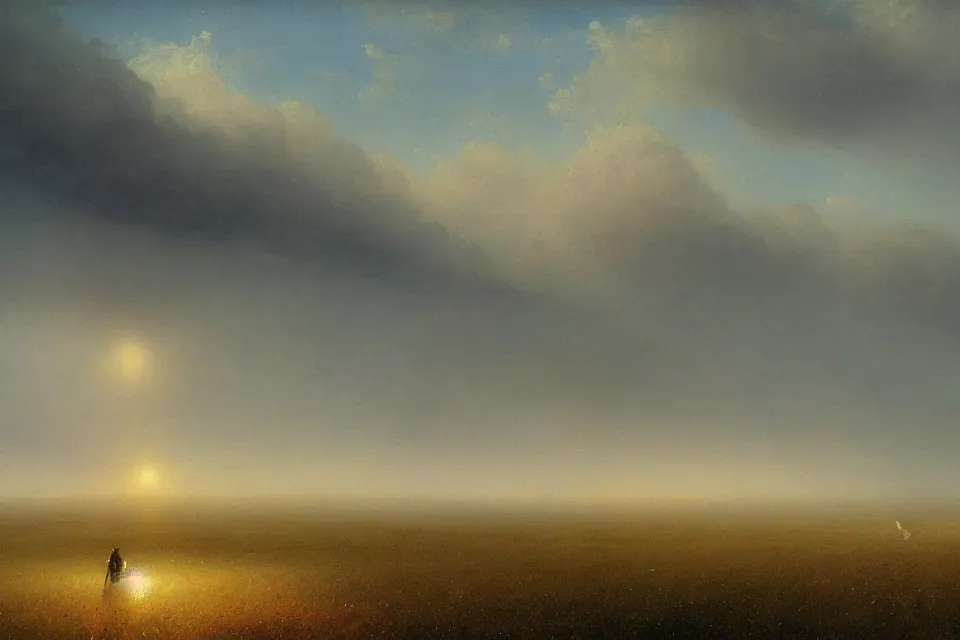 Prompt: sci-fi painting of the closed back view of one humanoid robot on the ground, a distant alien city far away, vast wheat fields, by Ivan Aivazovsky, godrays, atmospheric, cinematic, detailed