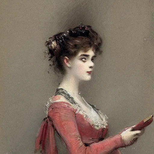 Image similar to young victorian lady in ball gown, a little card and pencil in hand, painted by alfred stevens