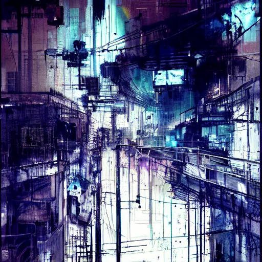 Prompt: portrait of a cyberpunk, wires, machines, in a dark future city by jeremy mann, francis bacon and agnes cecile, ink drips, paint smears, digital glitches glitchart