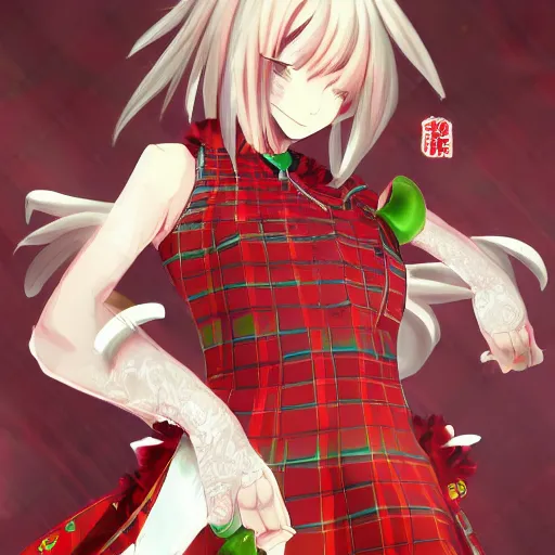 Prompt: an intimidating female flower plant youkai woman, yuuka kazami, with short wavy green hair and burning piercing red eyes, wearing a red plaid dress, 4 k digital beautiful detailed touhou character art portrait