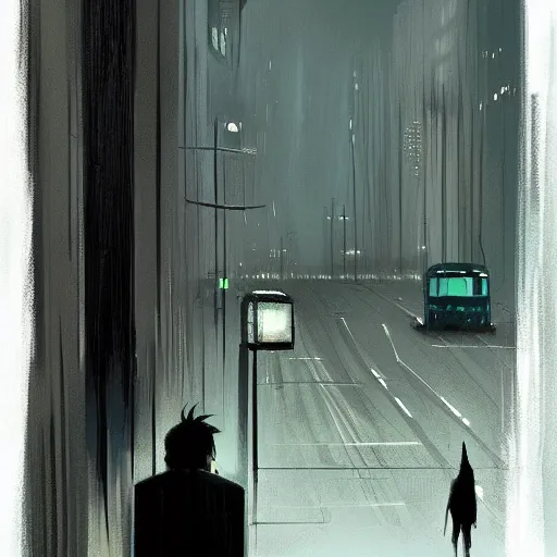 Image similar to dark city bus stop, by Pascal Campion,very detailed,ArtStation