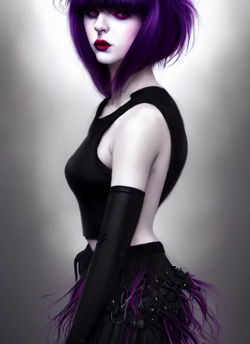 Image similar to portrait of white teenage girl, normal face, black bangs, mall goth, cyberlox, black and white hair, bangs, fluffy bangs, red contacts, purple lipstick, intricate, elegant, highly detailed, digital painting, artstation, concept art, sharp focus, smooth, illustration, art by wlop, mars ravelo and greg rutkowski