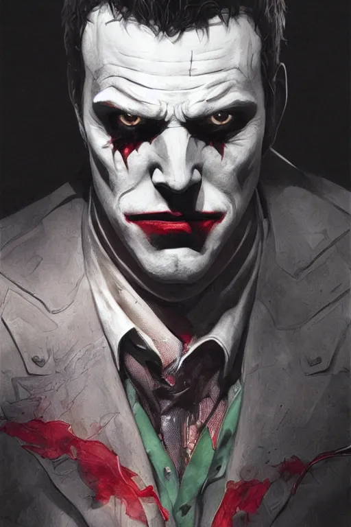 Image similar to Portrait of Ben Affleck as Joker, dc comics, dark, intricate, highly detailed, smooth, artstation, digital illustration by Ruan Jia and Mandy Jurgens and Artgerm and Wayne Barlowe and Greg Rutkowski and Zdislav Beksinski