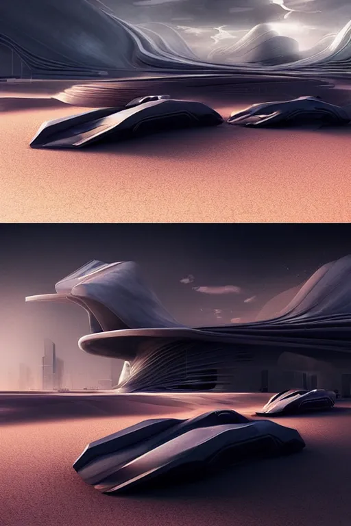 Prompt: zaha hadid buildings in the middle of a mad max desert scene with futuristic car, trending on artstation, cinematic matte painting, stormy weather, dark moody colors, featured on behance