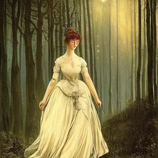 Image similar to A beautiful victorian woman, night, gothic dress, flowing hair, oil painting, portrait, magical forest, glow, dramatic lighting, dramatic light, masterpiece, high detail, long shadow, amazing composition, detailed, high contrast, painted by Caspar David Friedrich