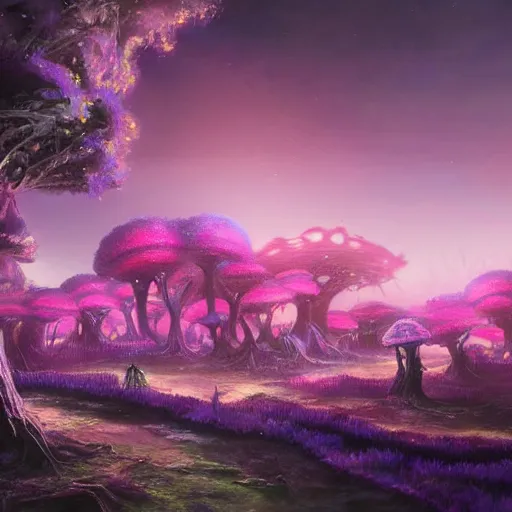 Image similar to concept art painting of a fantasy alien fungal landscape at night, magenta trees, glowing blue mushrooms, village of houses made of mushrooms, dark purple sky, realistic, detailed, cel shaded, in the style of makoto shinkai and greg rutkowski and albert bierstadt and james gurney