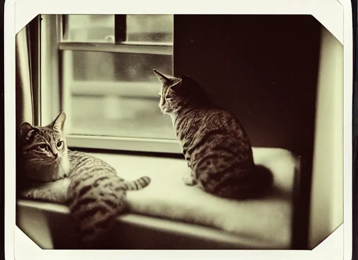 Image similar to photography polaroid of a Jack Cat . watching outside the window. on a bed. in a 70's room full of vinyls and posters, photorealistic, award winning photo, 100mm, sharp, high res