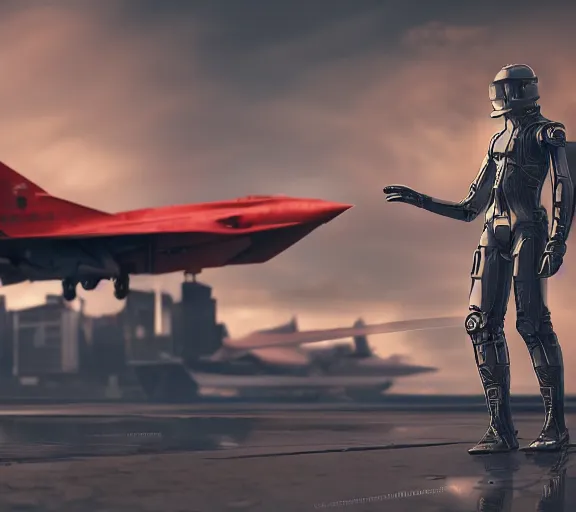 Image similar to fighter pilot stands beside futuristic sci fi fighter jet landed at runway of cyberpunk city ,dark cinematic lighting , digital concept art