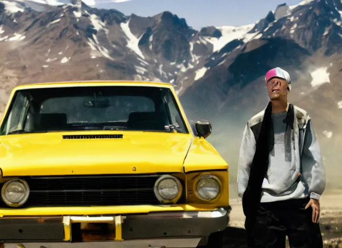 Prompt: a very high resolution image from a new movie, eminem shooting a car. mountains, directed by wes anderson