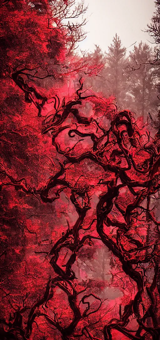 Image similar to demon heads and red trees by aaron boyd