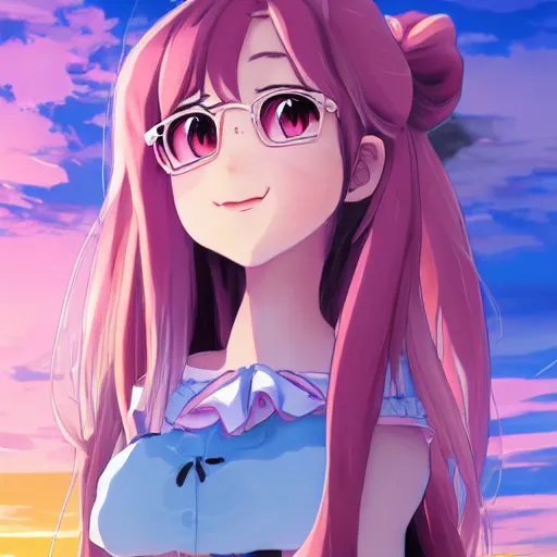 Prompt: belle delphine as an anime protagonist, beautiful anime style, portrait, close - up, cinematic rim lighting, dramatic pose, beautiful sunset, professional, highly detailed, clear, sharp, smug expression, trending on artstation