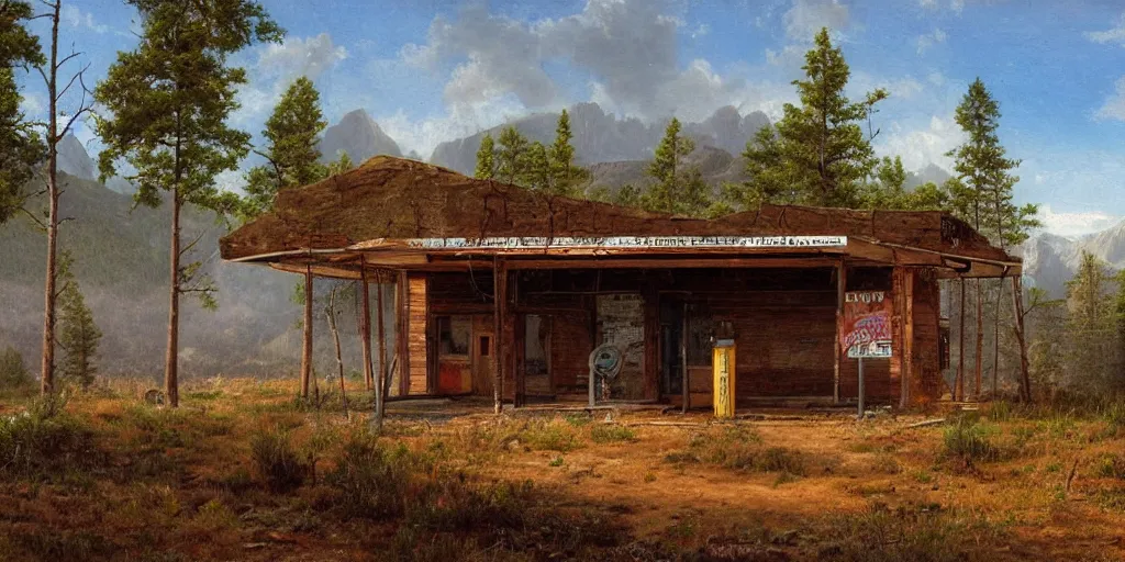 Image similar to an abandoned old rusty American gas station in Colorado mountains, oil painting, highly detailed, artwork, in style of Albert bierstadt