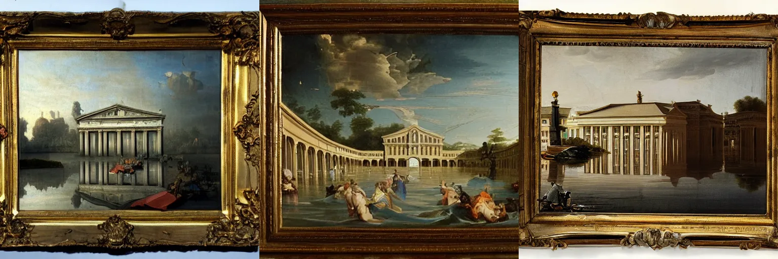 Prompt: a baroque painting of a flooded highway interchange, architecture