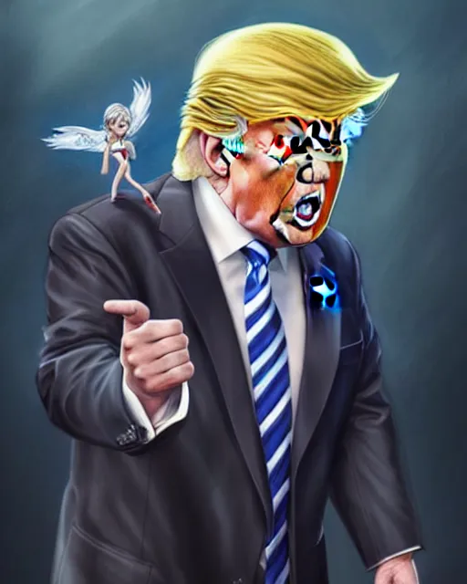 Image similar to donald trump with wings, confident pose, pixie character, video game genshin impact, cell shaded anime intricate, elegant, sharp focus, illustration, highly detailed, concept art, matte, magali villeneuve, artgerm, anime, trending on artstation