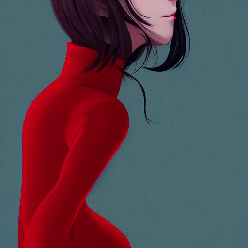 Image similar to anime girl in dark red turtleneck, black coat, elegant, 2d, ultra highly detailed, digital painting, smooth, sharp focus, artstation, portrait art by Ilya Kuvshinov