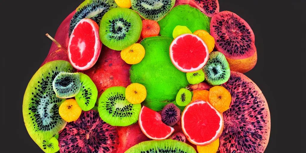 Prompt: spores and mold on a colorful fruit, ultra realistic with black background. shiny. photograph 50mm. medium format. isometric. volume. global illumination. bloom
