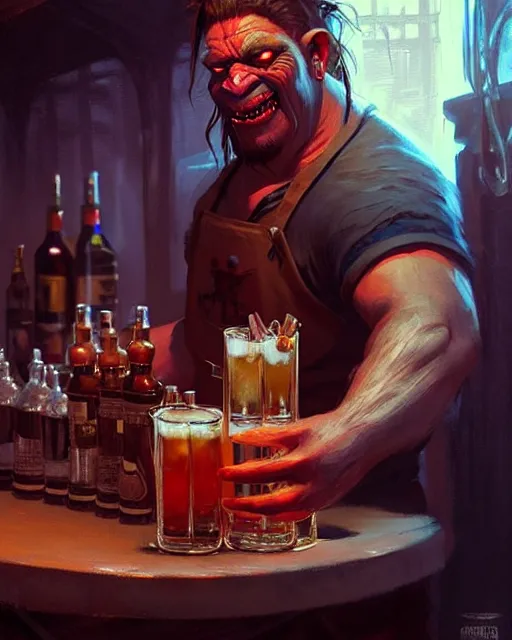 Image similar to orc bartender serving drinks | | realistic shaded, fine details, realistic shaded lighting poster by greg rutkowski, magali villeneuve, artgerm, jeremy lipkin and michael garmash and rob rey